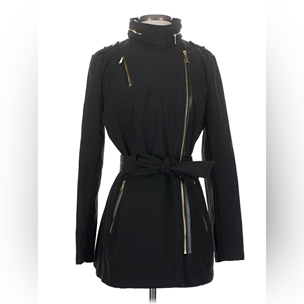 Michael Kors Long Black Rain Coat with Gold Zippers